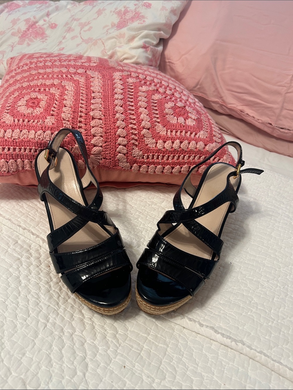 Prada Black Patent Leather Wedge Espadrille Sandals